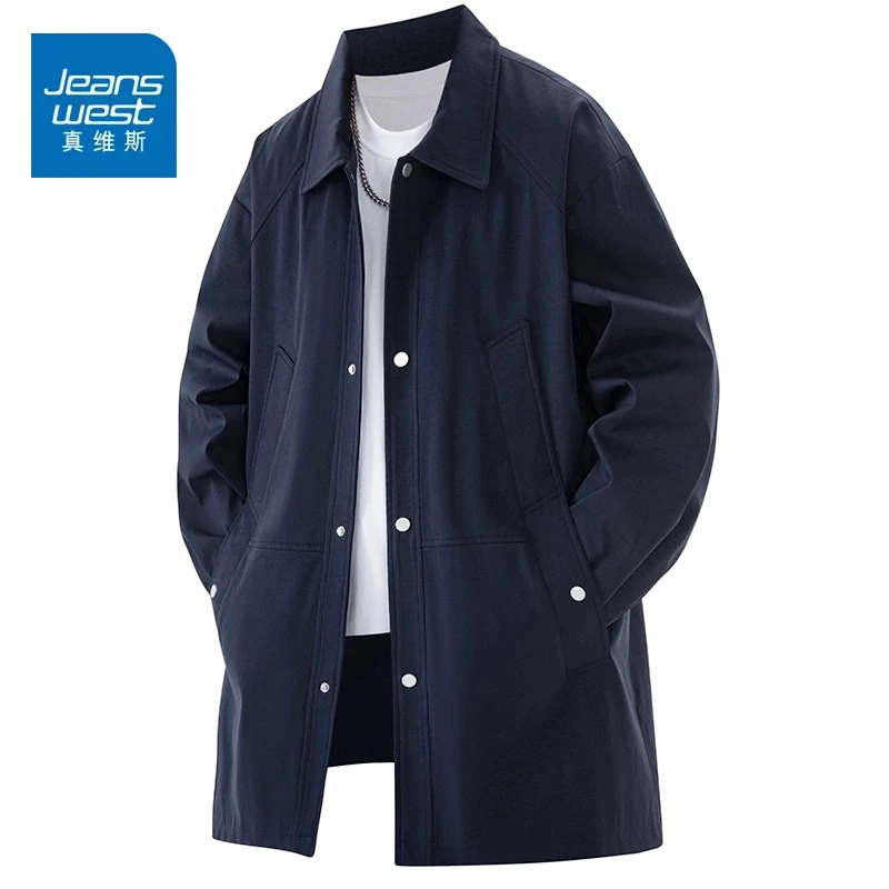 真维斯户外运动风衣夹克男装中长款休闲宽松加肥加大大码翻领外套