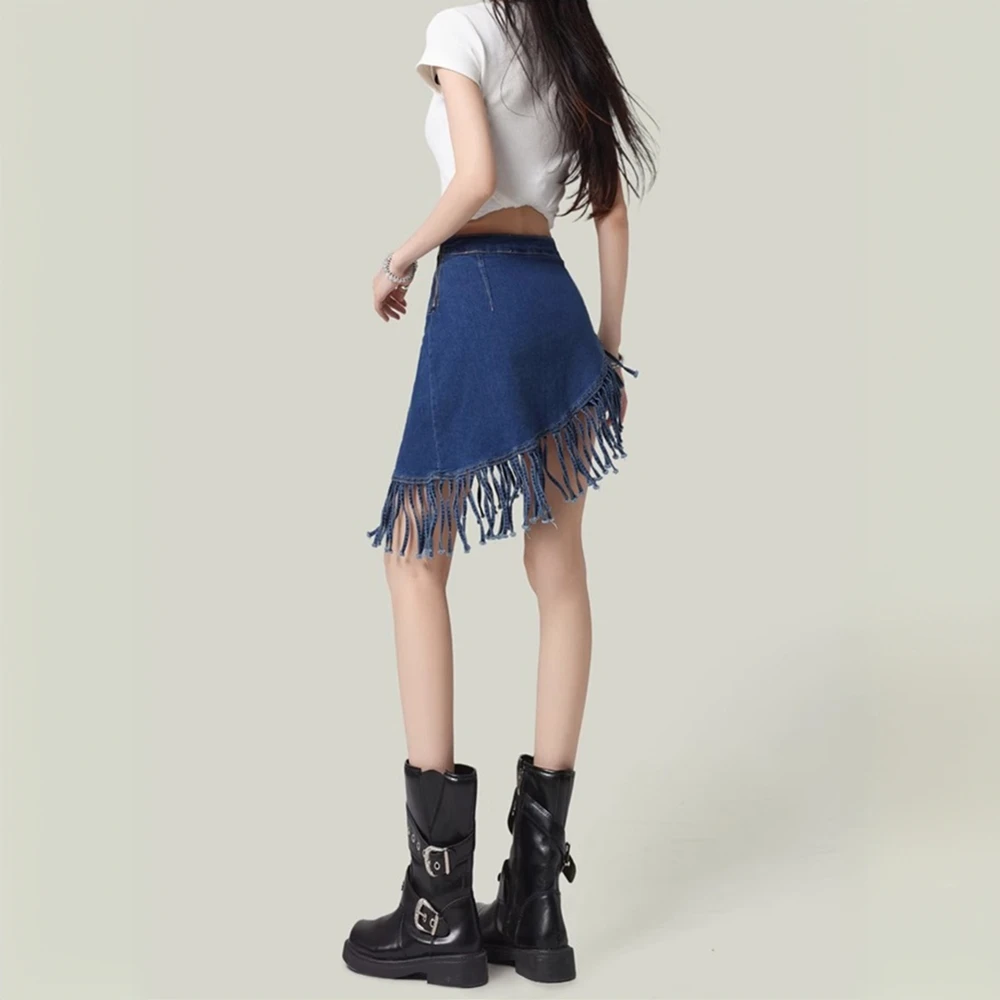 辣妹度假风不规则牛仔短裙女蓝色高腰A字流苏包臀半身裙子