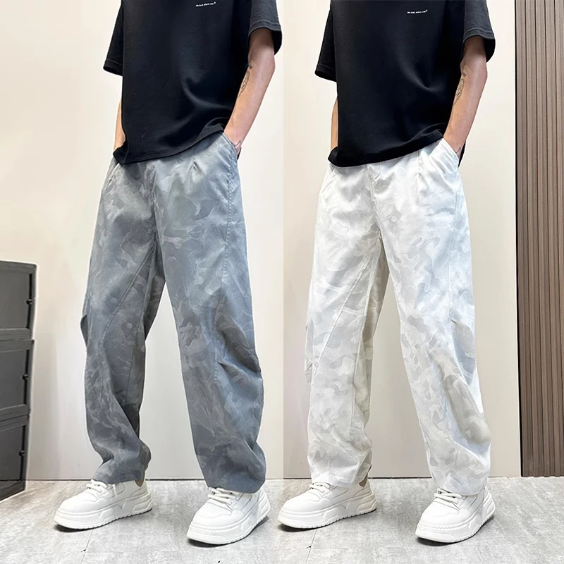 美式高街工装迷彩裤男款夏季休闲弯刀裤子cleanfit褶皱伞兵直筒裤