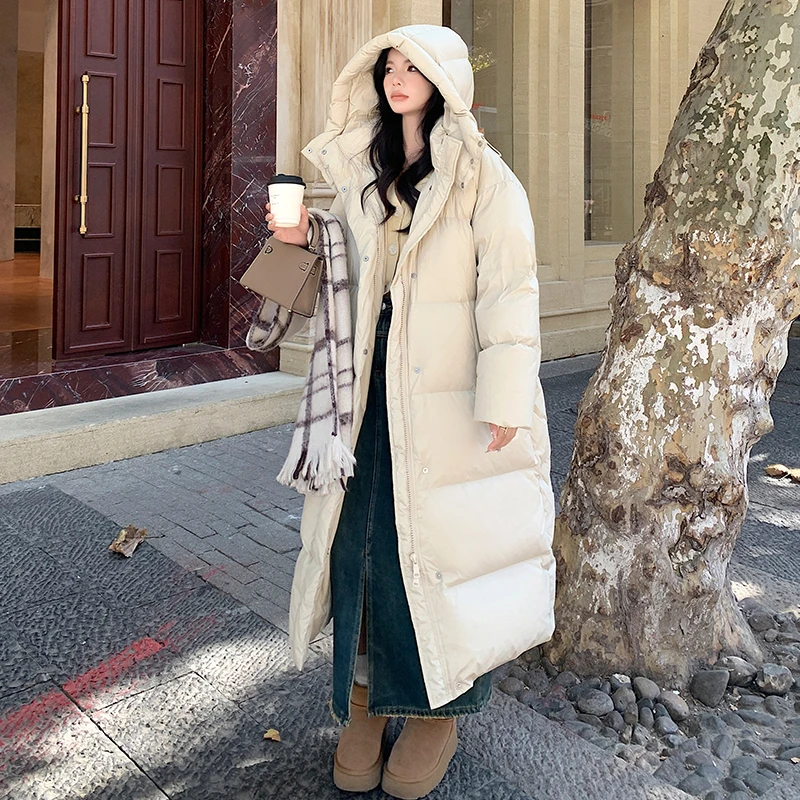 TIANXIAOER/甜小二羽绒服女白色气质中长款加厚连帽白鸭绒小个子