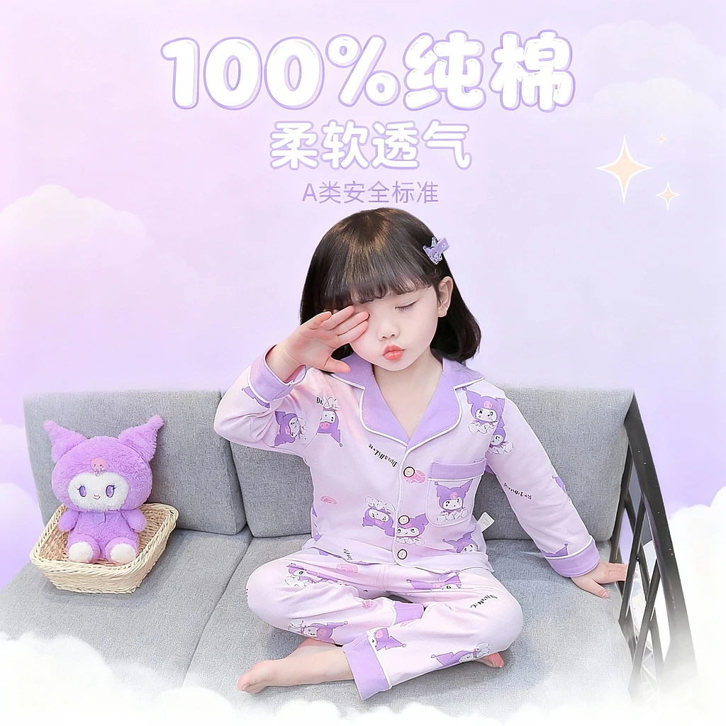酷洛米儿童100%纯棉睡衣春秋季全棉女童长袖女孩家居服空调服套装