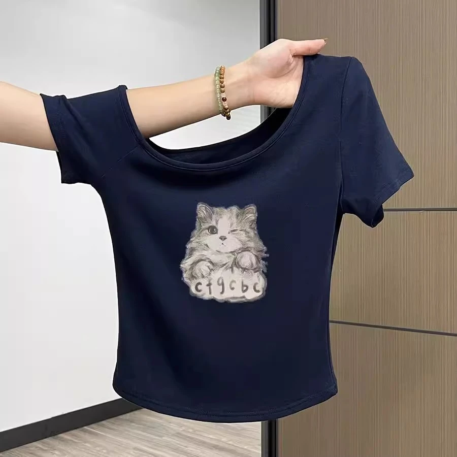 韩系藏青色纯棉短袖T恤女夏季辣妹斜肩修身显瘦小个子短款上衣潮