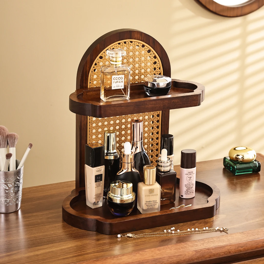复古实木桌面梳妆台护肤品置物架多层口红香水化妆品收纳整理架