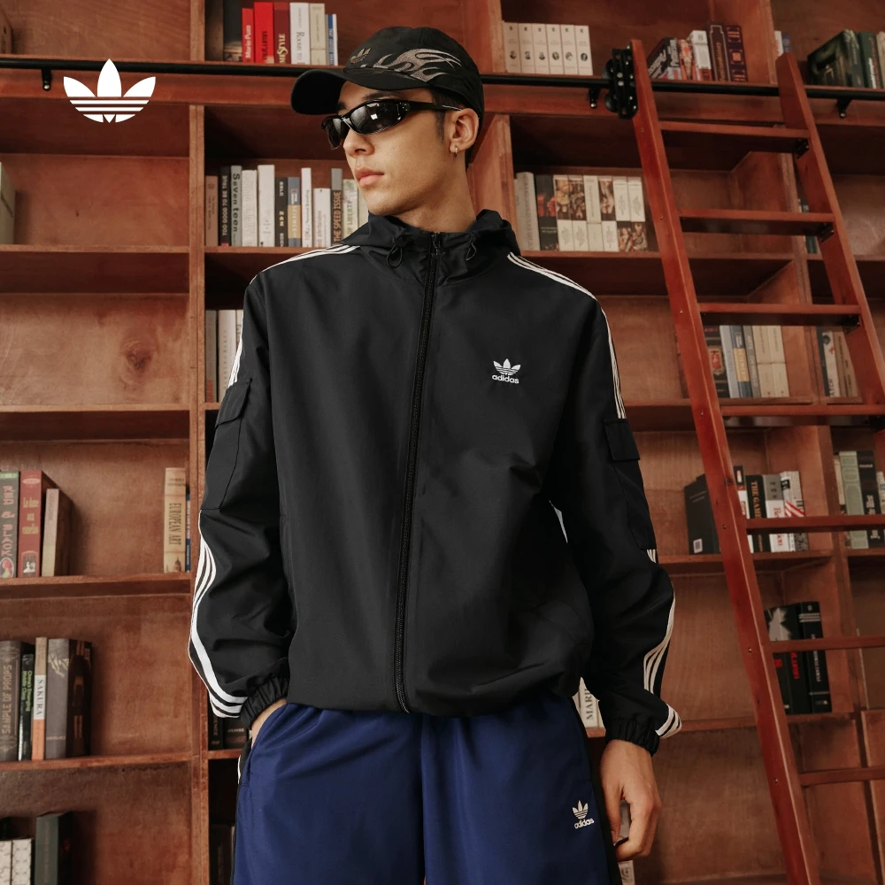 阿迪达斯三叶草经典条纹运动外套连帽夹克男女款 KB1945