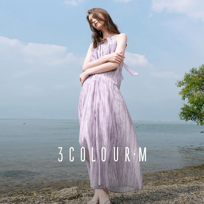 三彩2025夏季新款挂脖连衣裙无袖A字裙宽松拼接长裙度假M