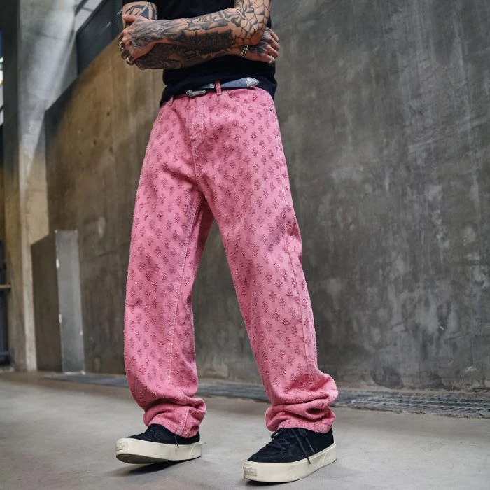巴黎风粉色牛仔裤男美式嘻哈潮牌提花刺绣宽松直筒阔腿拖地欧美裤