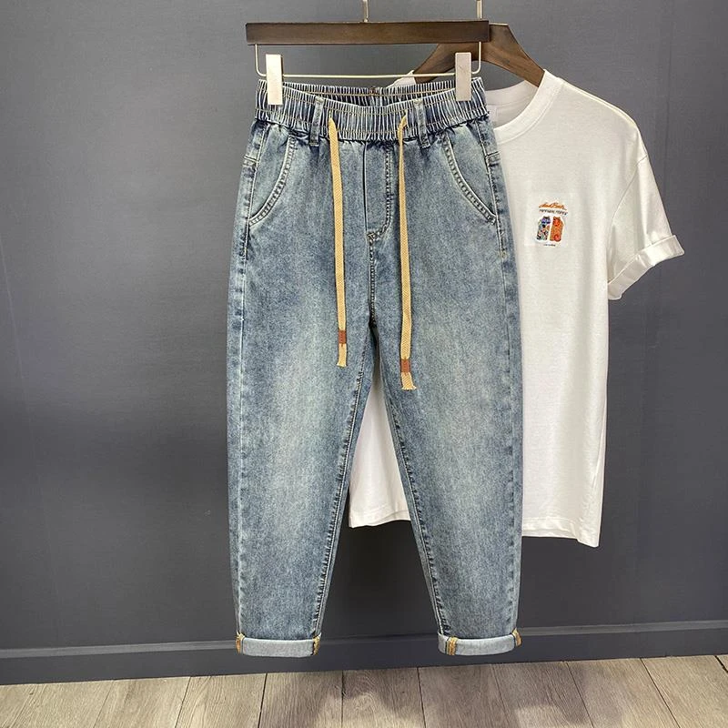 夏季薄款松紧腰抽绳牛仔裤男宽松2025新款无铁弹力哈伦休闲九分裤