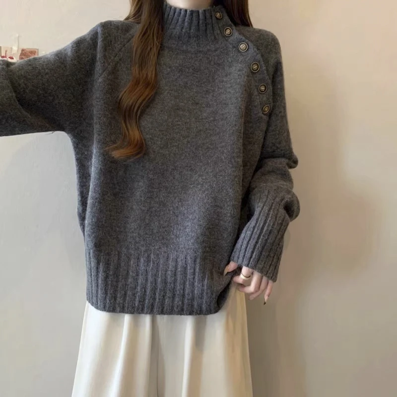 秋冬大码新款半高领灰色毛衣上衣女胖mm宽松遮肉慵懒风保暖针织衫