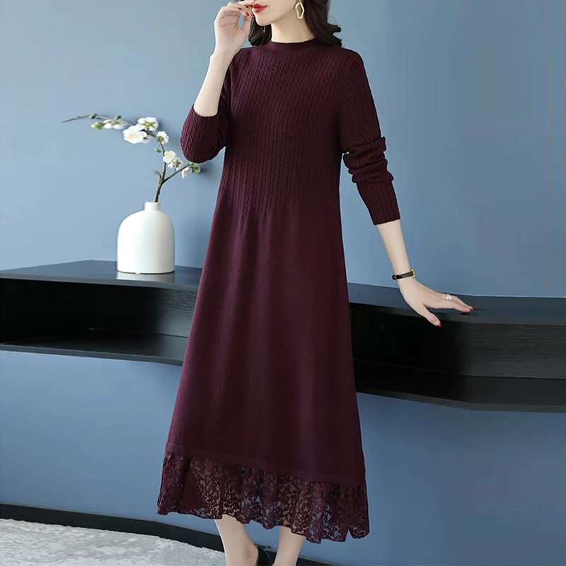配大衣长款针织连衣裙2024秋冬新款大码宽松气质打底毛衣裙女