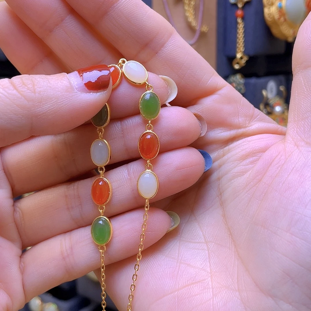 和田玉银S925镀金镶嵌手链