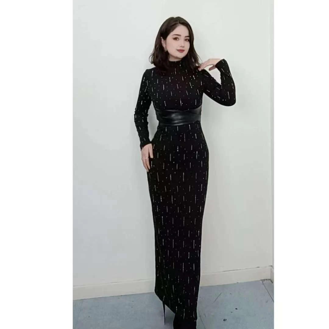 6688【阿依古丽】一体腰带巧收腰烫钻气质显瘦黑色女装连衣裙