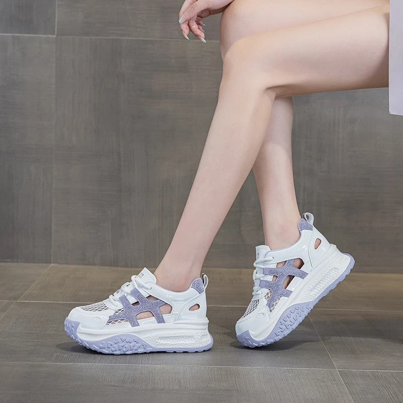 放轻松小个子女鞋运动鞋老爹鞋时尚女鞋夏季百搭厚底镂空增高7CM