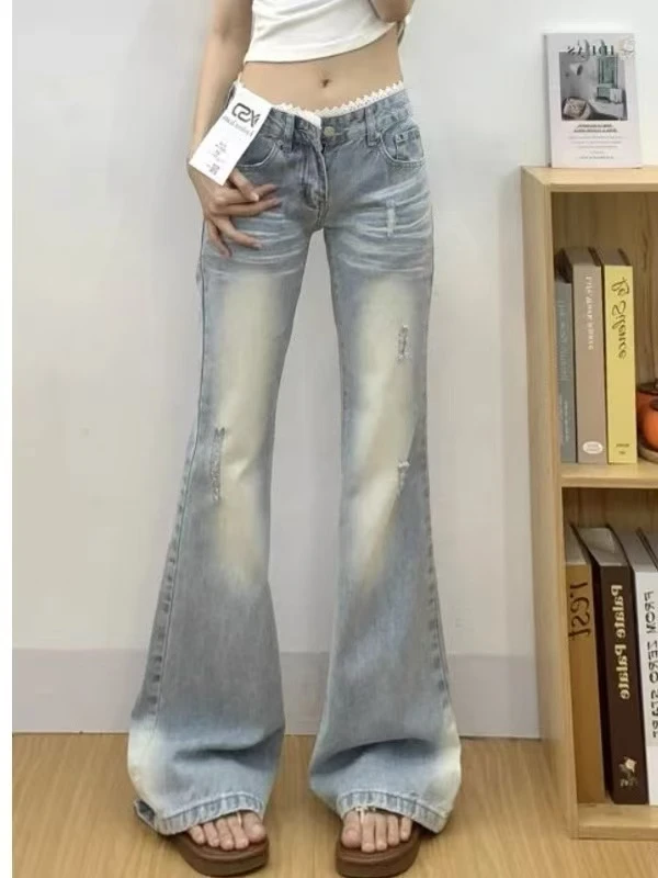 孤【默认微瑕】夏季阔腿裤做旧高腰喇叭裤牛仔裤裤子复古富家千金风
