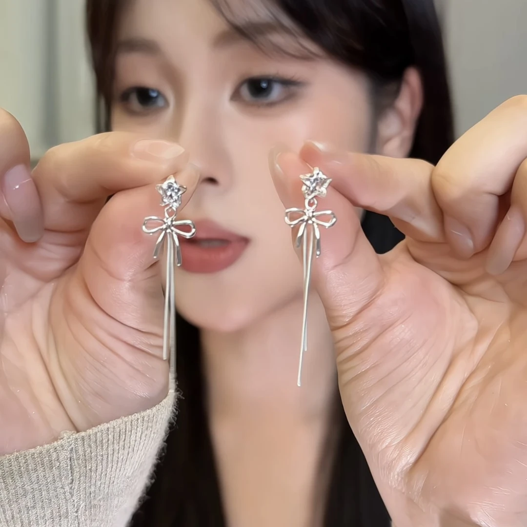 铜合金耳饰 甜美风时尚长款星星蝴蝶结流苏耳钉女精致风气质百搭