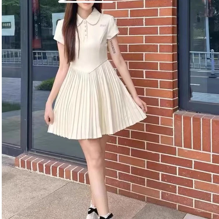 小香风短袖连衣裙女夏季新款收腰显瘦娃娃领拼接气质减龄百褶裙子