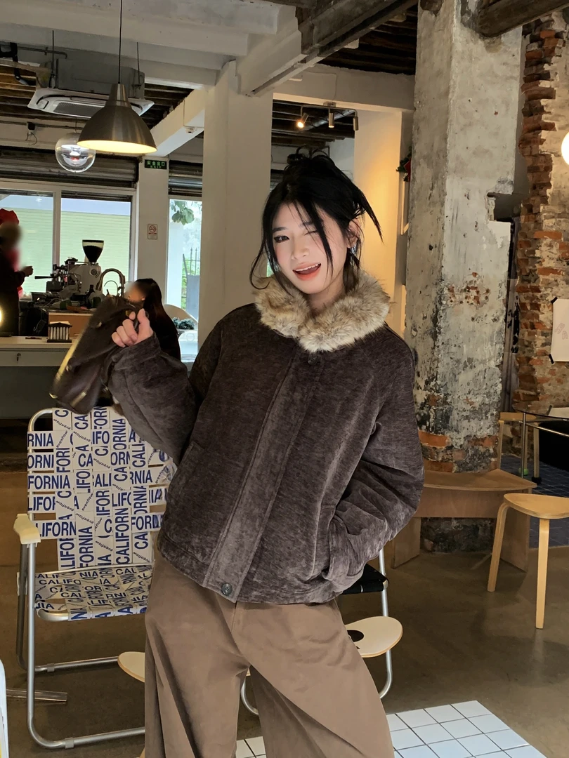 冬季宽松型保暖落肩纹短外套外套复古棉服翻领