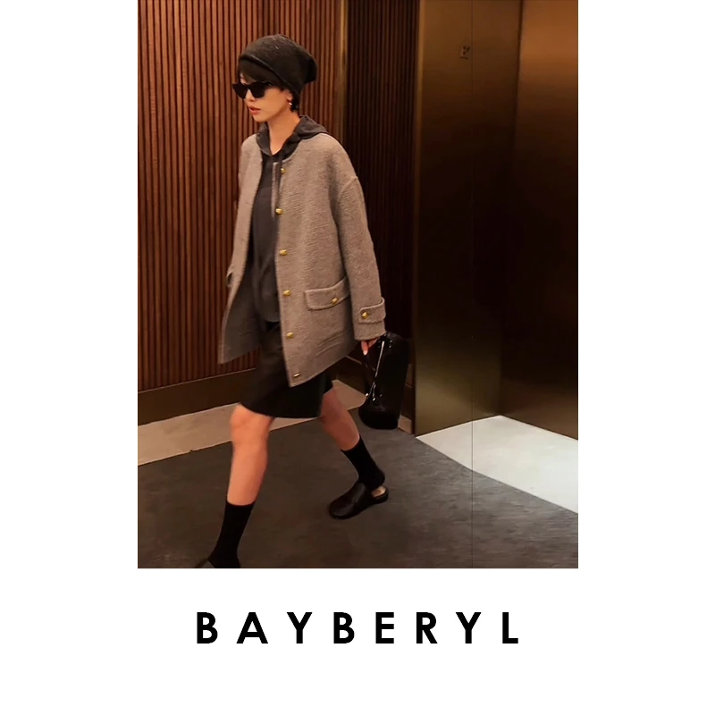 BAYBERYL老贝CE金扣强缩圆领宽松廓形25秋毛呢大衣MF5G2501-