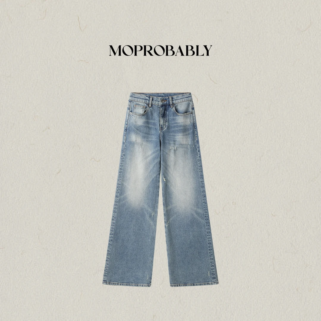 Moprobably李予诺「精裁蓝牛」时尚百搭做旧水洗直筒牛仔裤L5373012