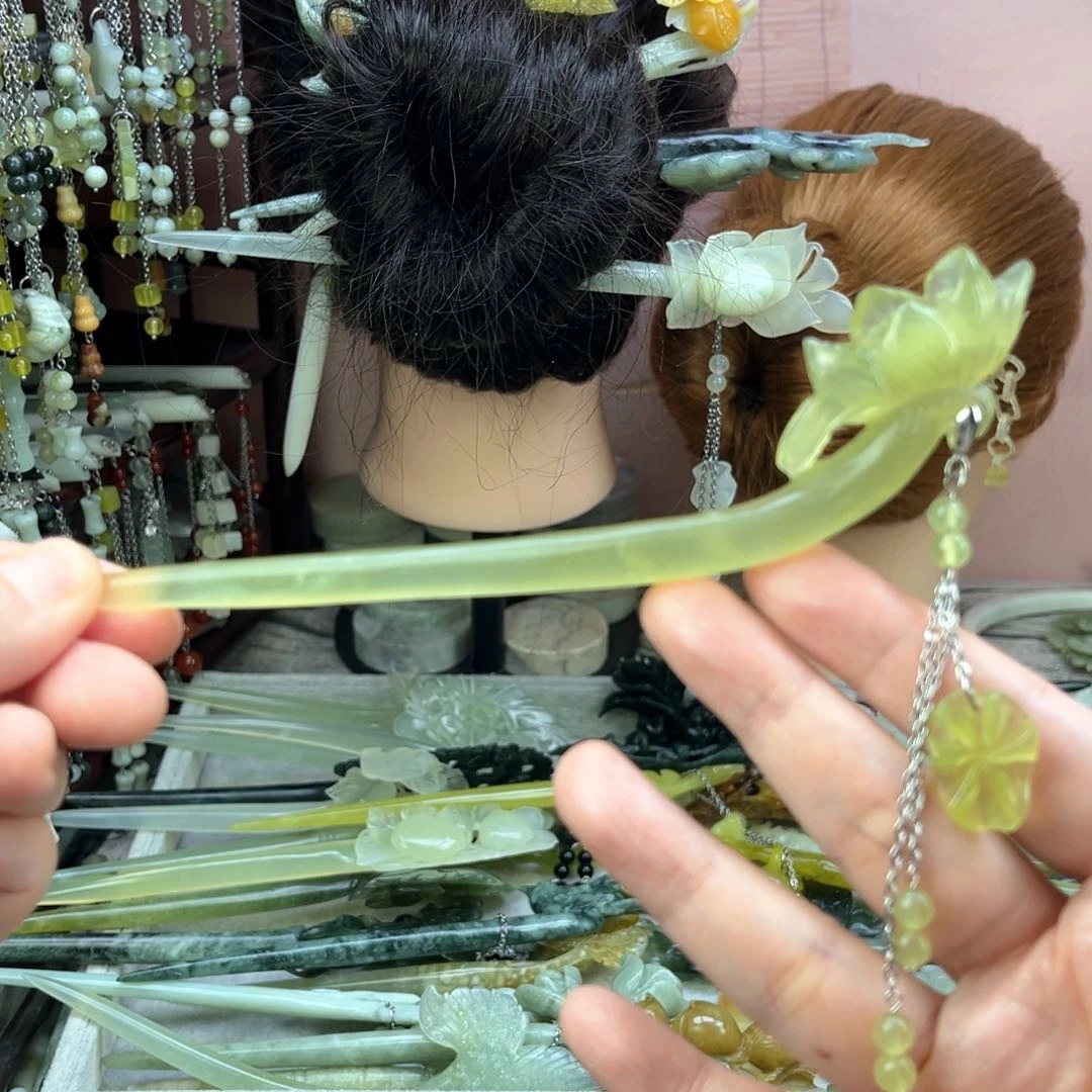 蛇纹石玉发饰未镶嵌长度17厘米左右