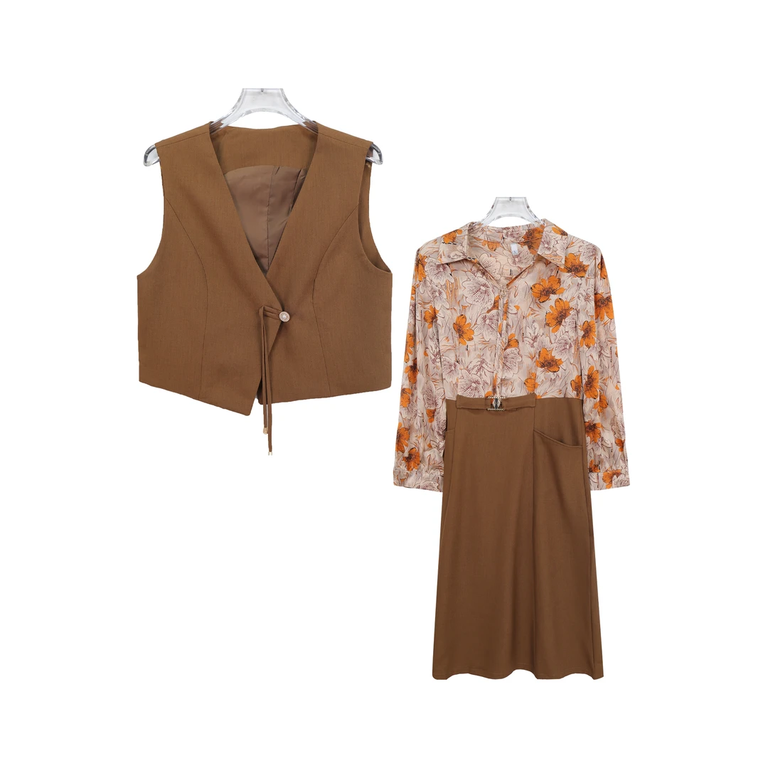 时尚马甲印花衬衫连衣裙新款气质减龄显瘦套装S1261