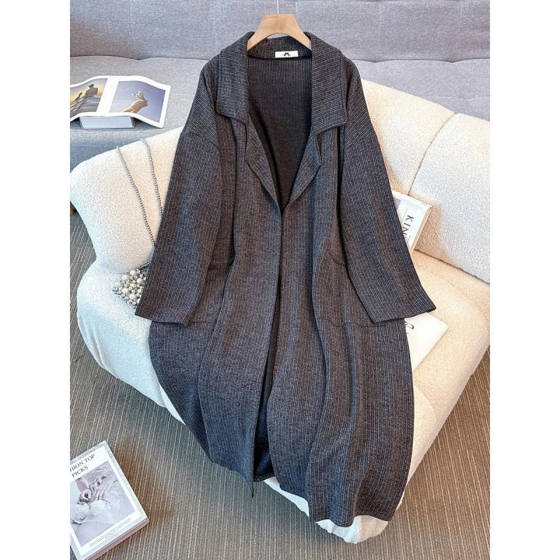 YH-10087大码女装胖mm秋冬新款设计感韩版气质长款针织风衣外套