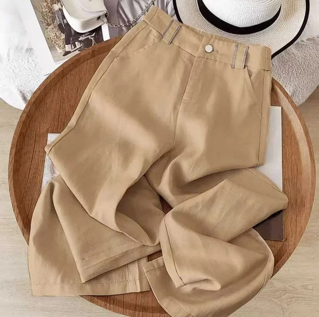 7108天丝亚麻休闲直筒裤女裤松紧高腰裤子女宽松阔腿裤显瘦