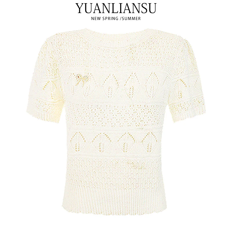 YUANLIANSU/圆脸酥【寄语玫瑰】镂空时尚休闲简约短袖针织衫
