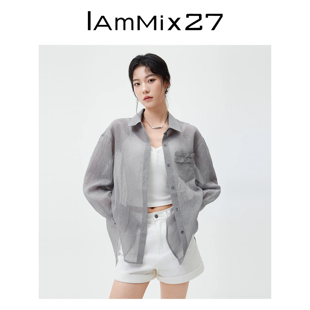 Iammix27夏季轻薄翻领衬衫女简约木耳边宽松休闲衬衣Z5B2006