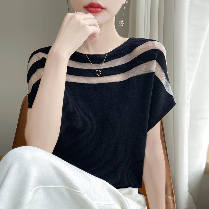 2025年新款薄款毛衣毛针织衫夏季法式短袖镂空打底衫蝙蝠袖宽松