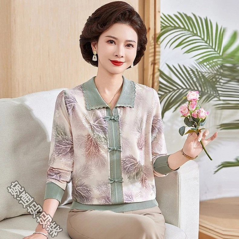 妈妈春装翻领长袖T桖小衫新款40岁中老年女春秋洋气打底上衣套装