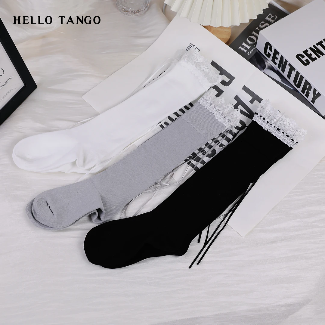 HELLOTANGO  DIY绑带设计拼接蕾丝花边小腿袜