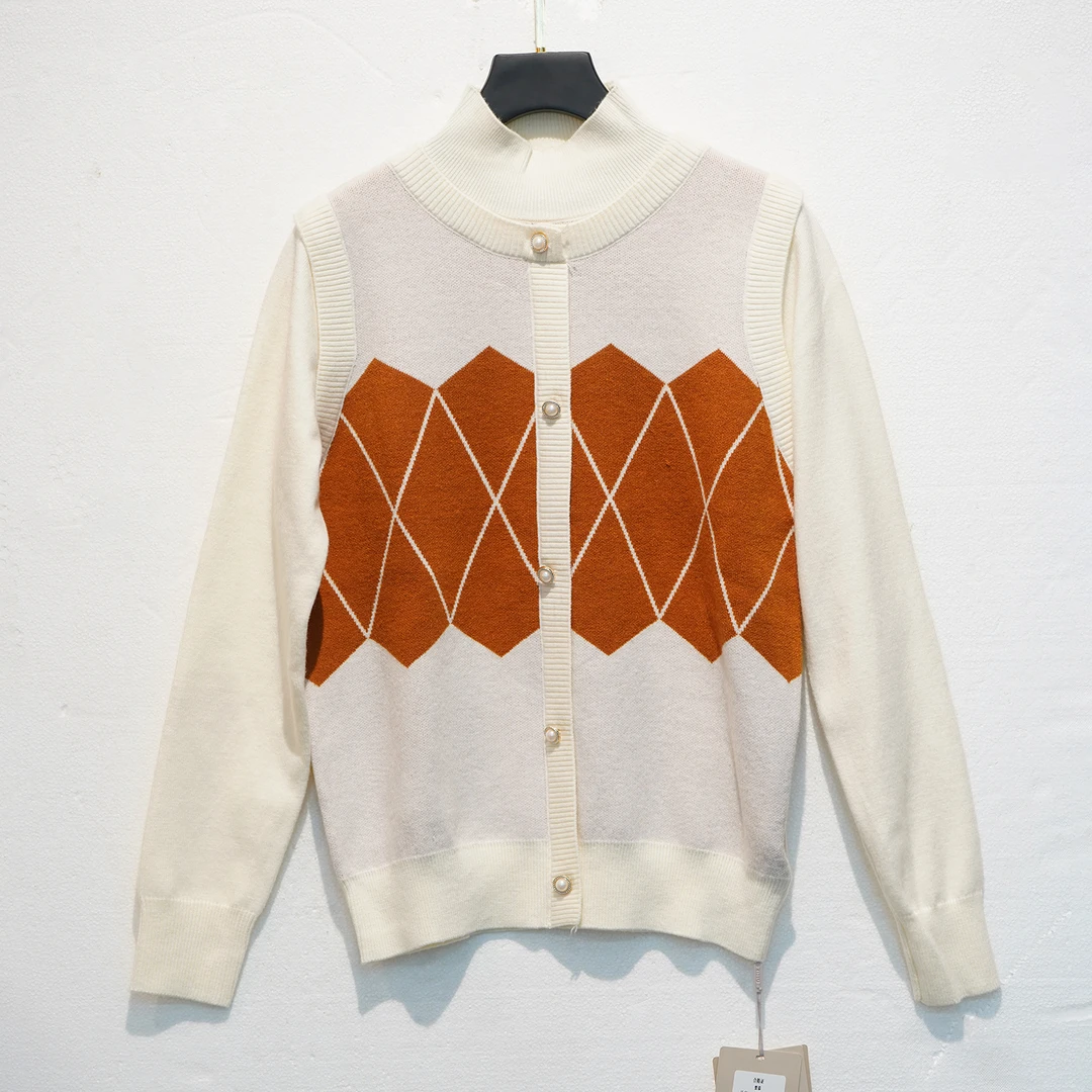 【春季上新】C5571白色韩版设计感菱形时尚气质休闲百搭套头针织衫