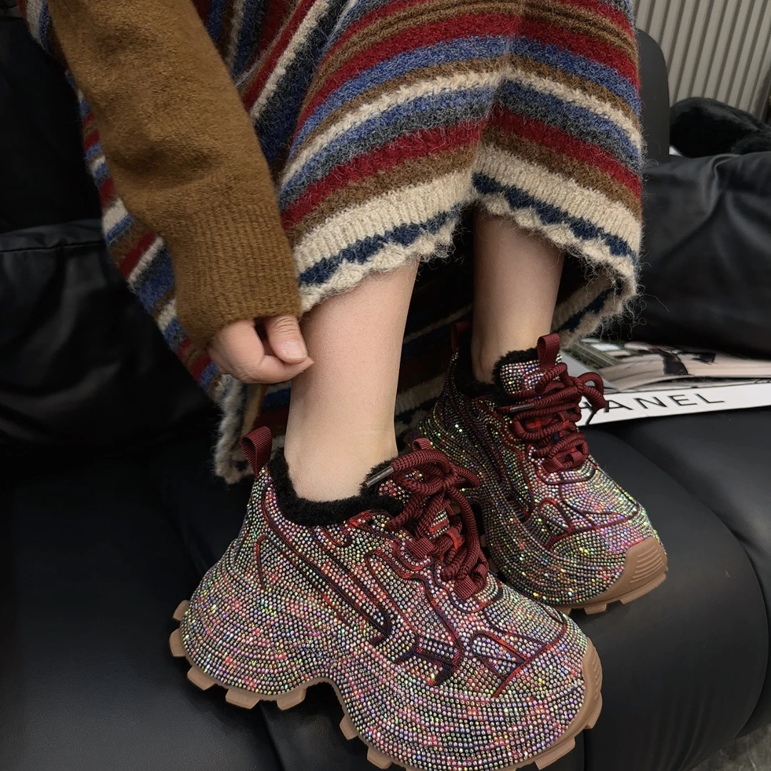 欧货重工满钻增高老爹鞋ins加绒时尚水钻休闲运动鞋保暖高帮棉鞋