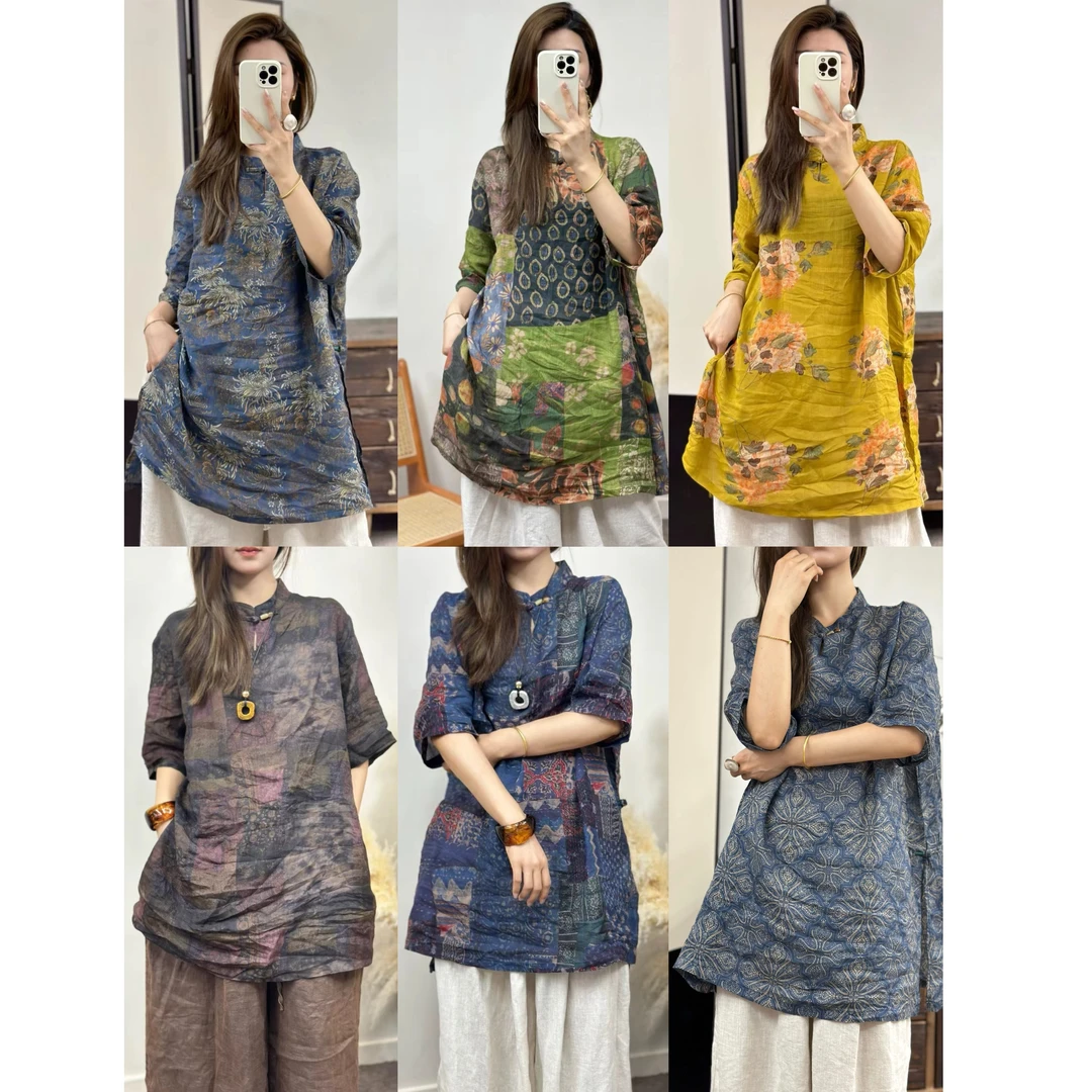 高品质苎麻衬衫女上衣中长款印花苎麻女衬衫