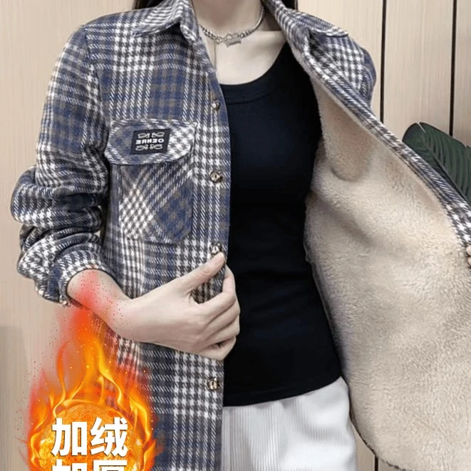 秋冬季加绒加厚格子衬衫女装休闲时尚保暖毛呢长袖外套