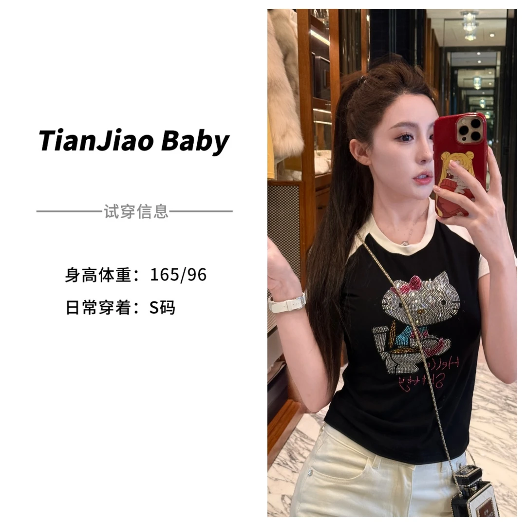 田娇baby 开春新款 kitty猫烫钻插肩袖修身T白色插肩重工日常
