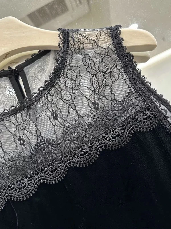 南油网纱拼接上衣25夏季新款高端侧开衩镂空丝绒衬衫