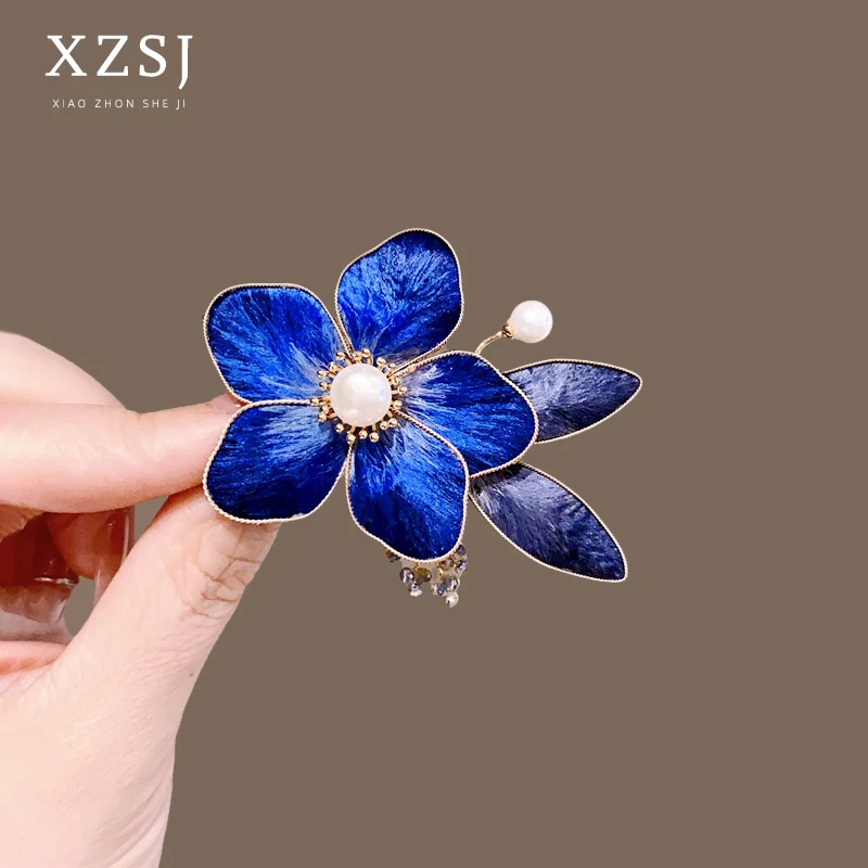 铜胸针 国风百搭非遗绒花旗袍胸花精致高档蓝色饰品别针西服配饰