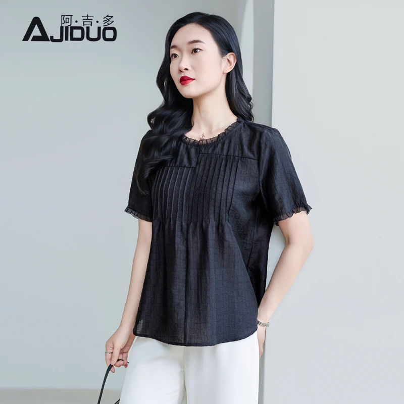 阿吉多短袖黑色衬衫女夏季新款塔克褶高级气质小衫遮肚显瘦上衣
