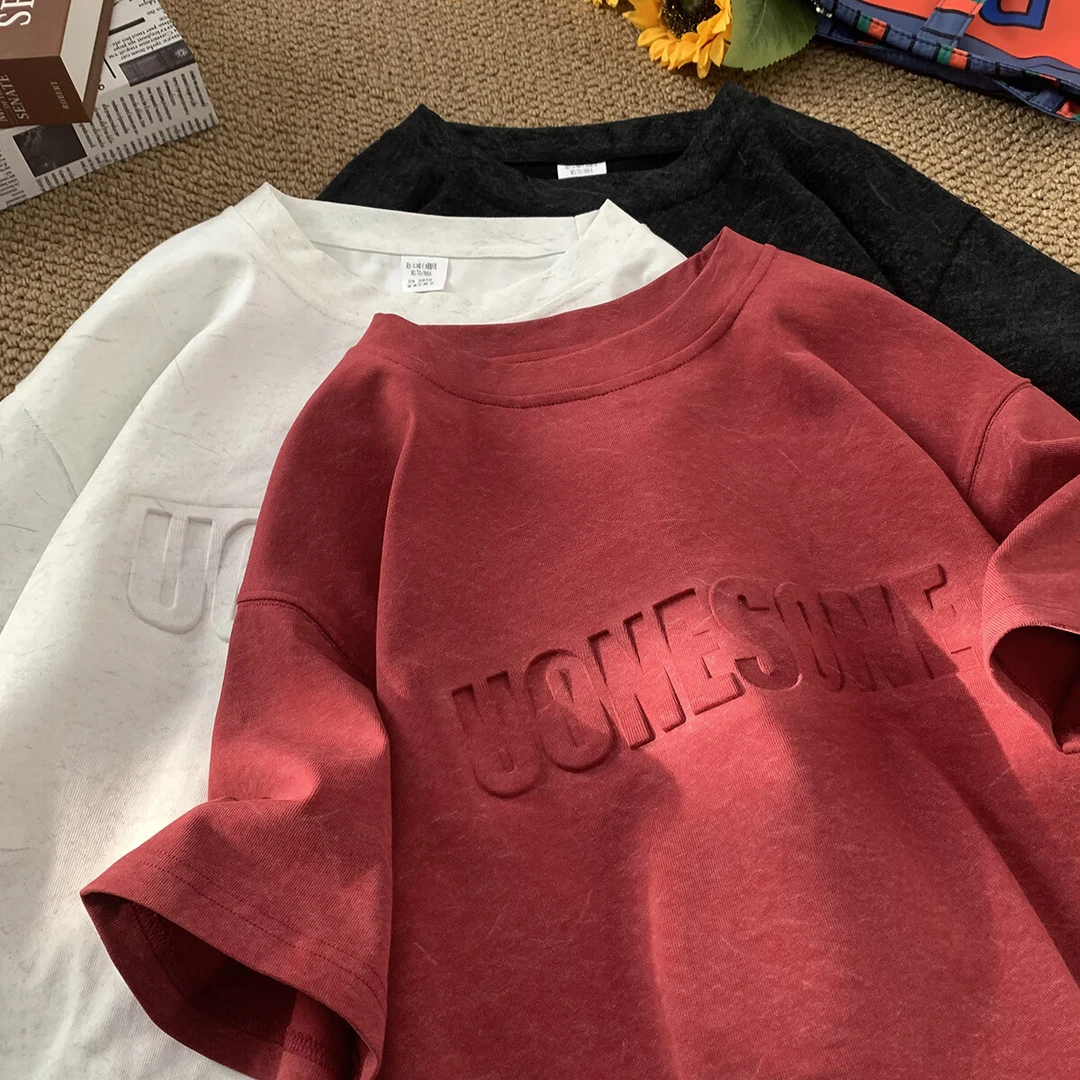 【高品质 冰棉T恤】炒色砂洗T恤男士夏季潮牌脏脏设计感JF201 A