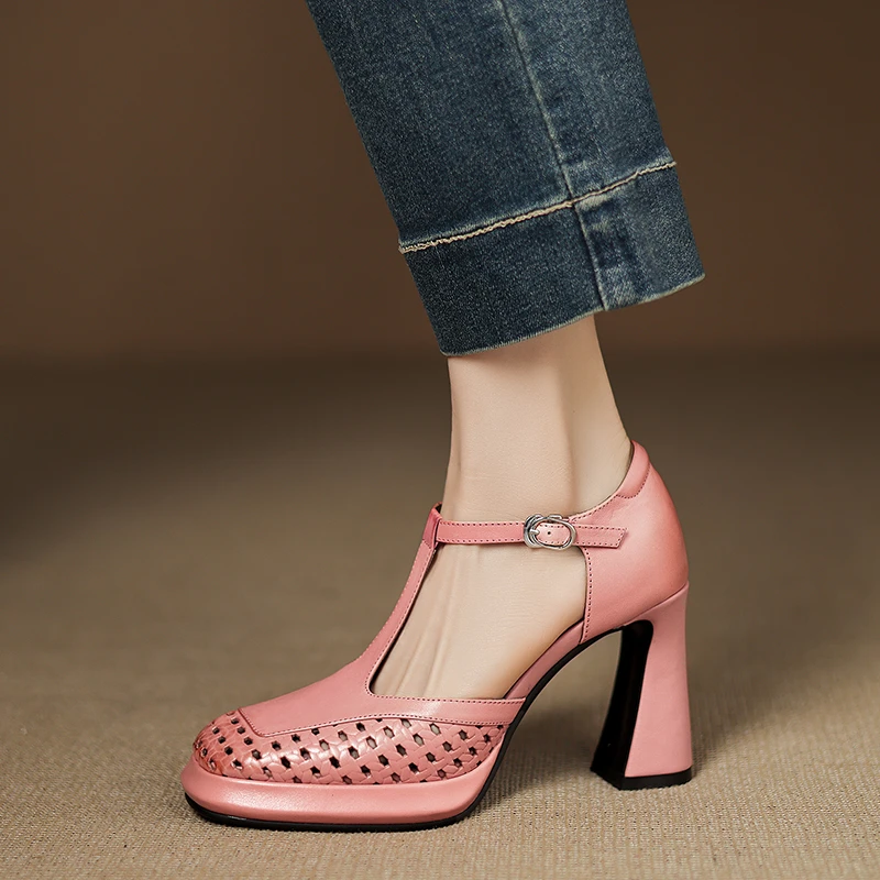 小个子手工女鞋9cm~真皮镂空包头凉鞋复古高跟鞋粗跟时尚夏季单鞋
