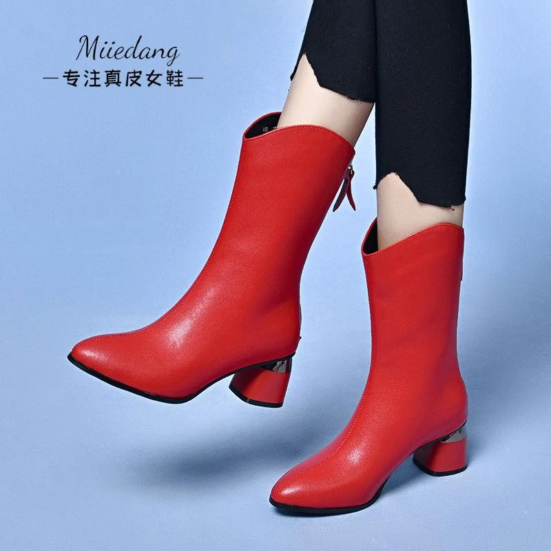 红色皮靴女2025年秋冬季新款单靴时尚洋气真皮中筒靴中高跟时装靴