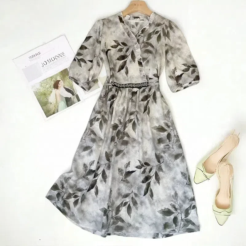 {墨韵}法式高级感水墨晕染印花亮丝连衣裙夏季流行收腰显瘦中长裙