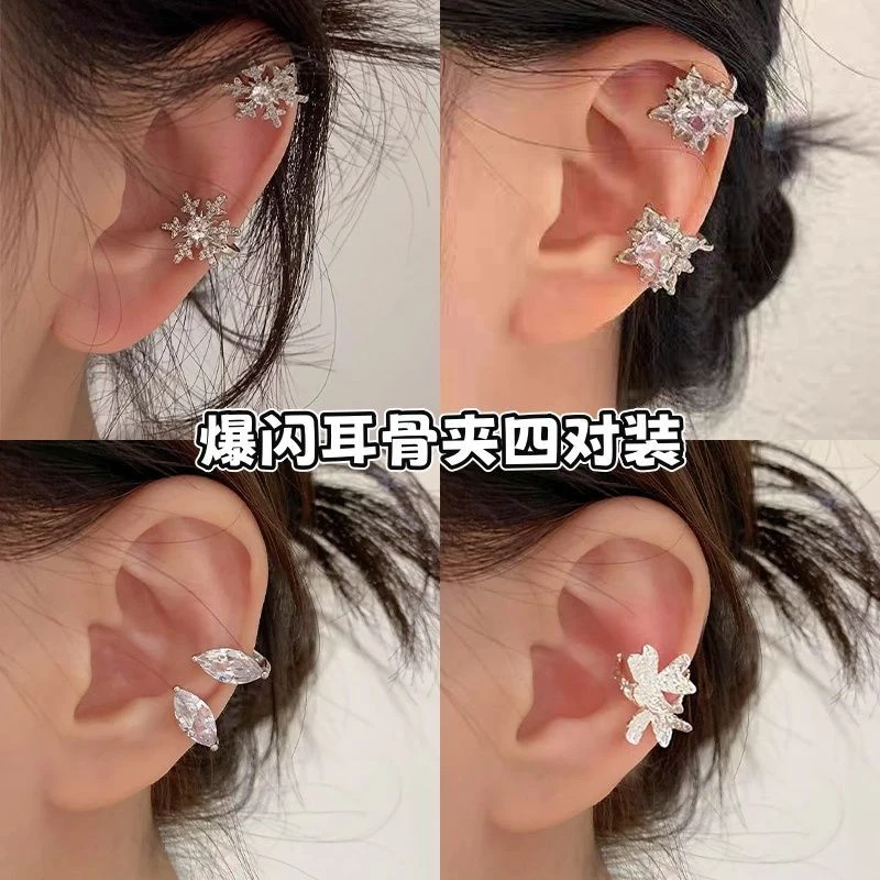 超仙银色立体双花花朵2025爆款绝美新款设计感免打孔无痛耳骨夹