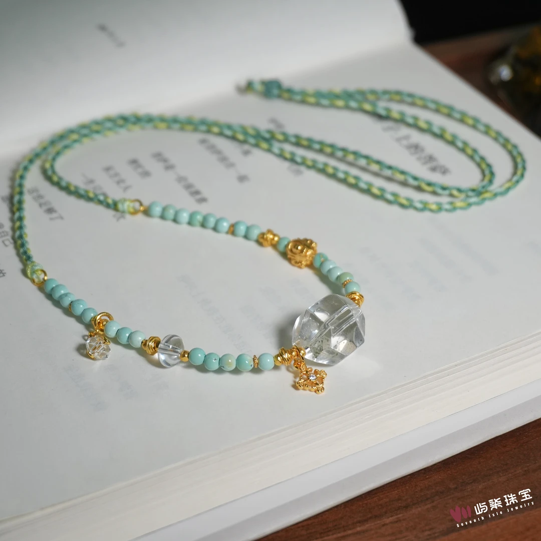 A1518 绿松石18k金镶嵌 绿松随型晶18k绿绳颈饰