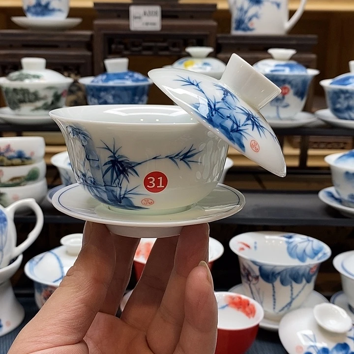 手绘微瑕竹子盖碗