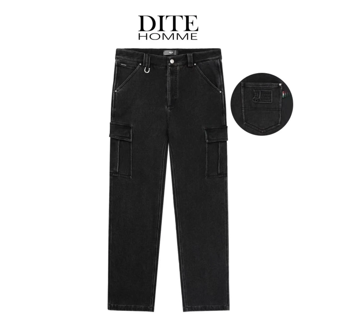 Dite迪特男士秋冬黑灰水洗微弹直筒宽松加绒加厚工装牛仔裤
