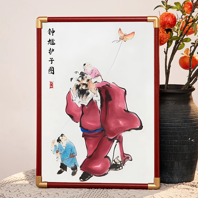 家用天师钟馗画像摆画钟馗护子挂画摆件房间桌面实木相框摆台画