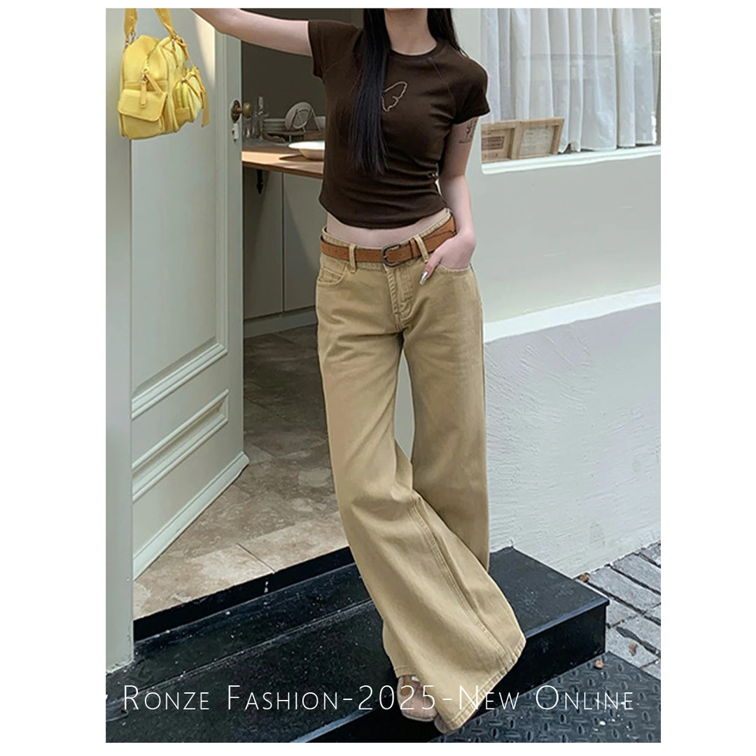 初秋新款卡其微喇潮流高街休闲女裤牛仔裤宽松美式百搭显瘦裤子