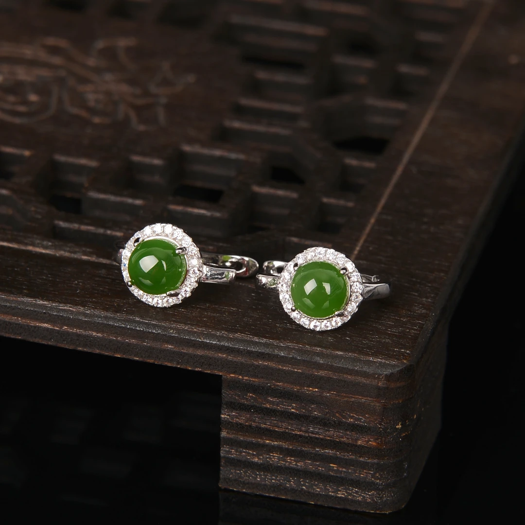 【熊总夫妇】和田玉碧玉S925银蛋面耳扣